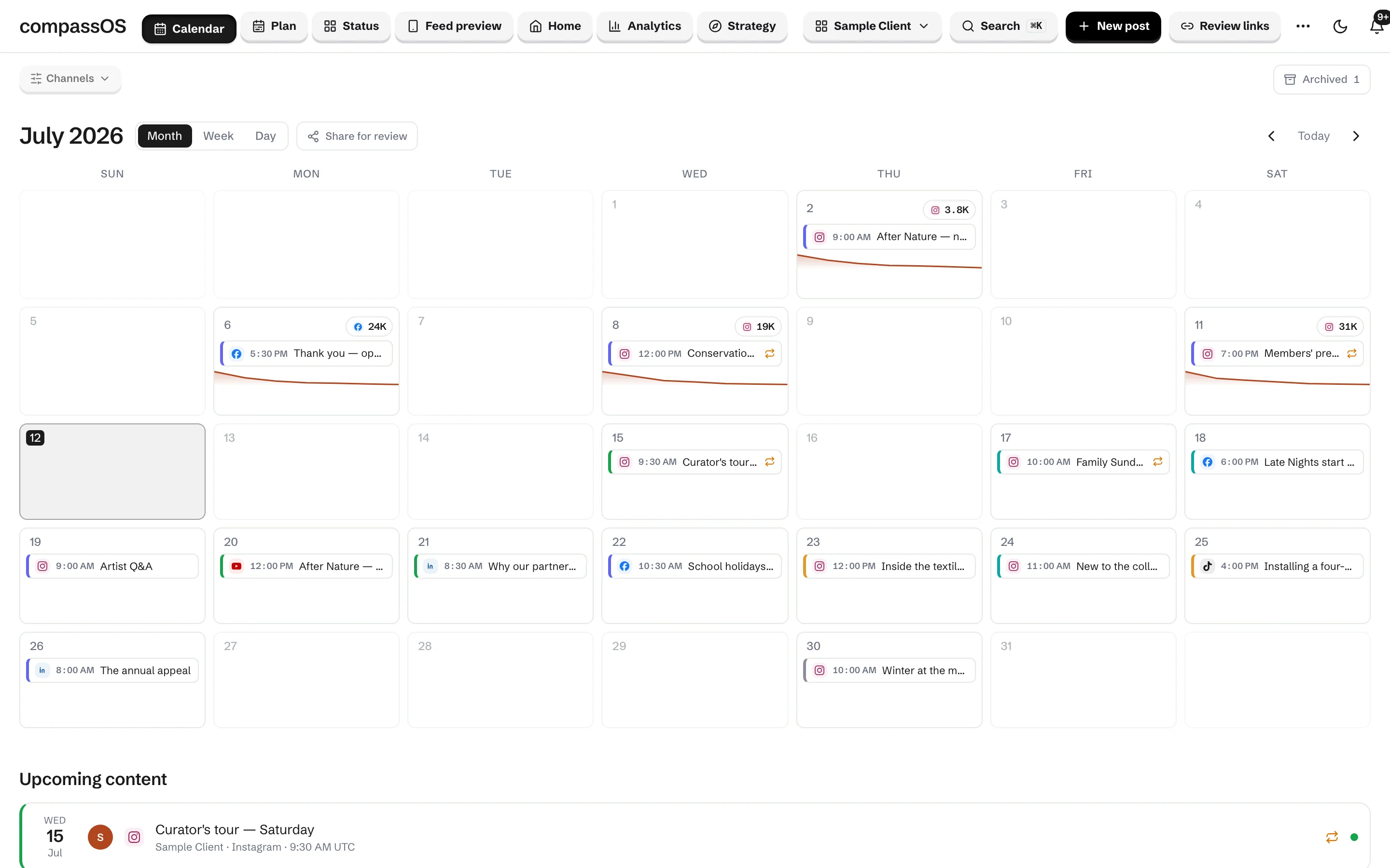 Compass calendar showing a month of connected campaign activity