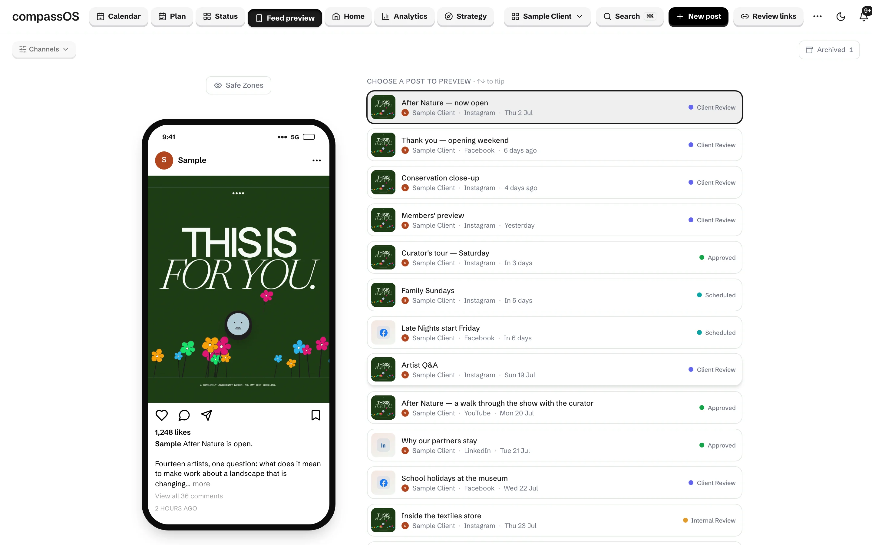 Compass feed preview showing a post in context