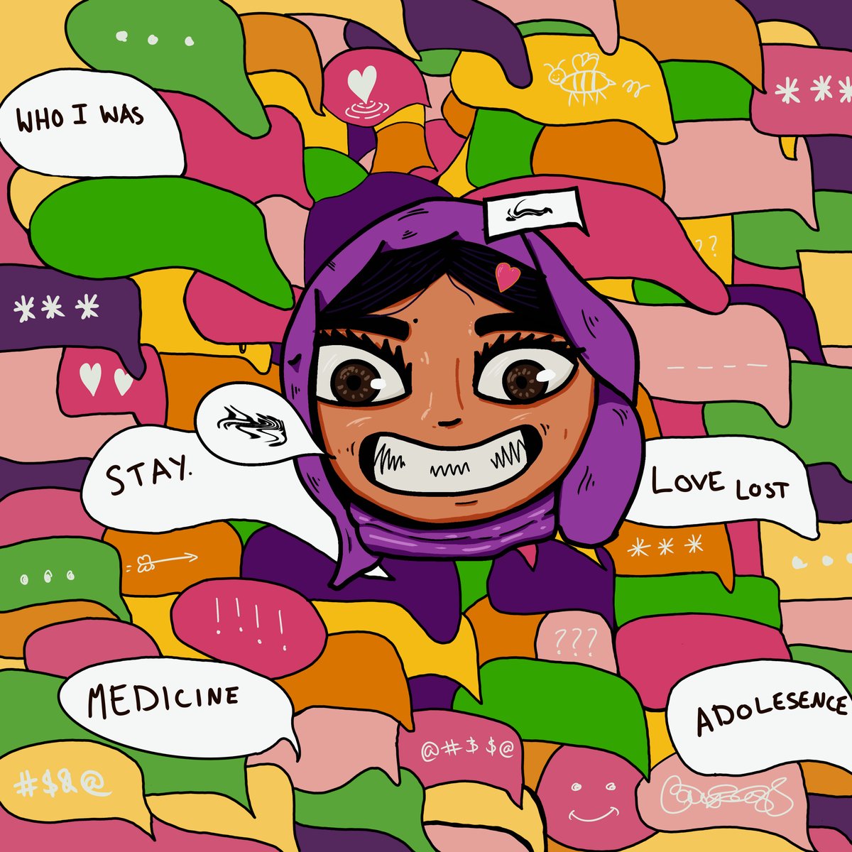 Omari, Adolescence cover art: an illustrated portrait ringed by message bubbles