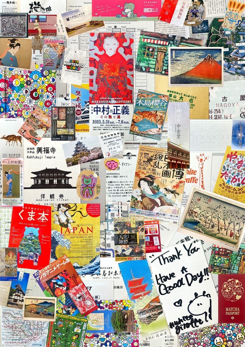 Studio Boco: a dense collage of Japanese travel ephemera, museum tickets, postcards, maps, ukiyo-e prints, and illustration