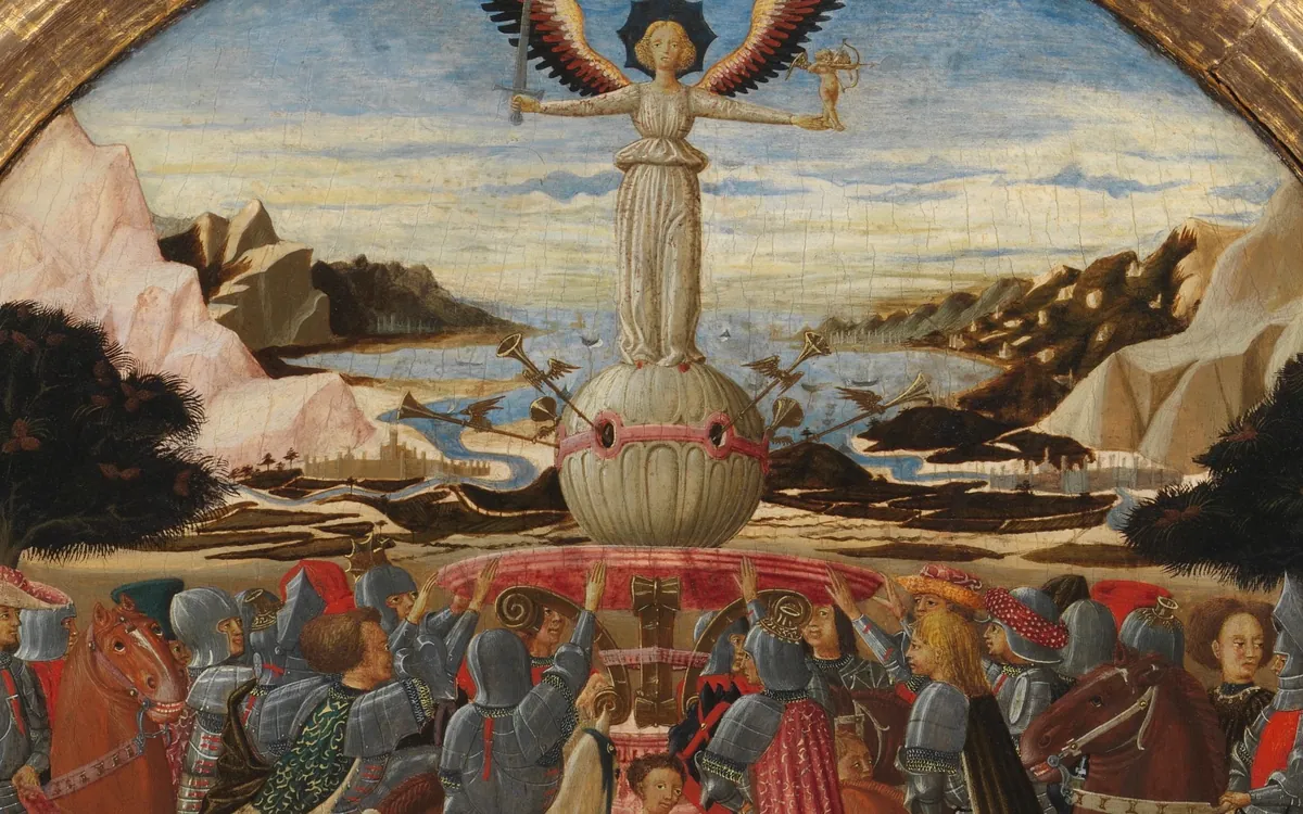 The close of the home page: a Renaissance painting of a winged figure over a crowd of riders fills the frame under a dark veil, with the word Maal in white.