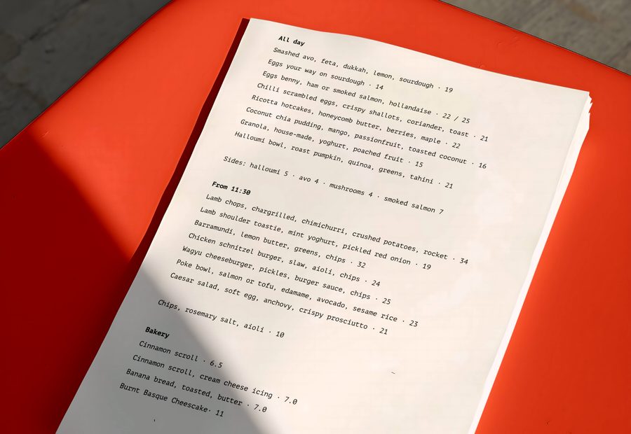 Freya: the all-day menu on an orange café chair.