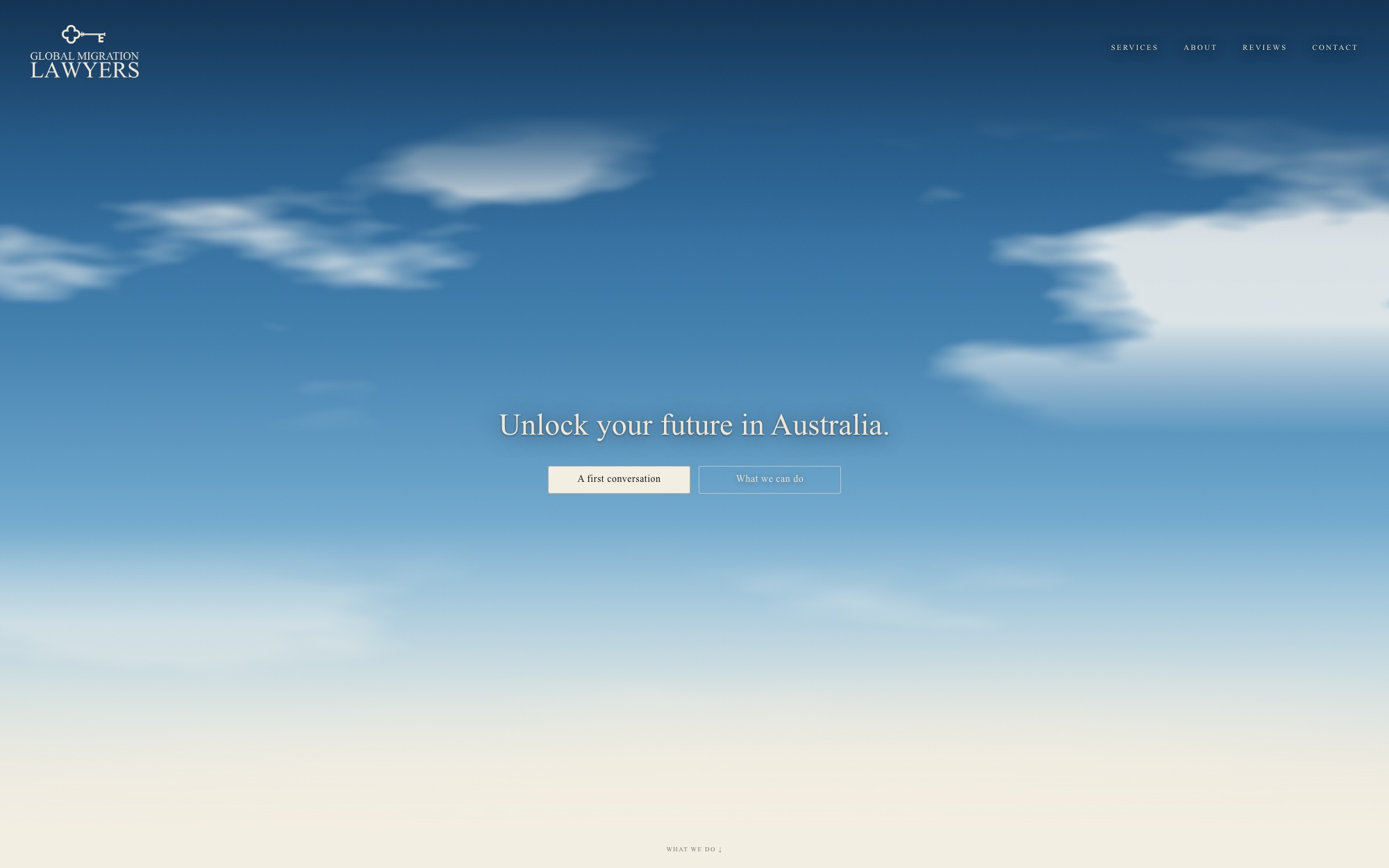 The refreshed homepage: a daylight sky with painted clouds, the key lock-up top left, and one line in the middle of the sky.