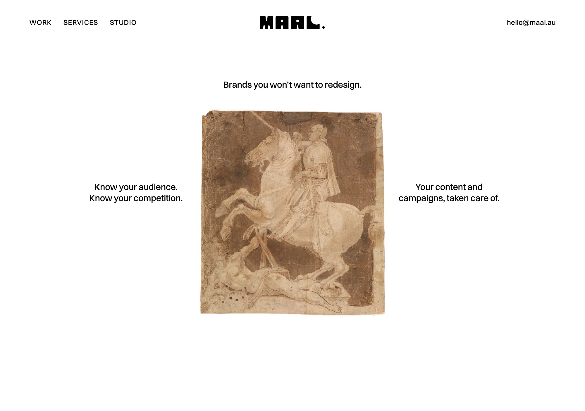 The first screen of maal.au: the block word centred at the top, one Renaissance plate of a rider in the middle of a white field, and three short lines set around it.