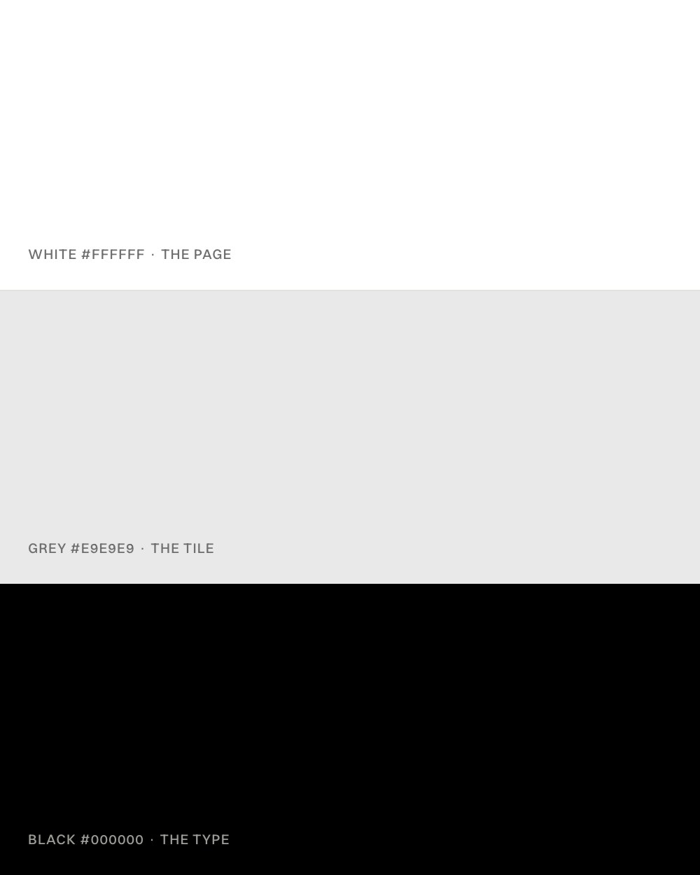 Three fields: white, the tile grey #E9E9E9, and black, each named for what it carries: the page, the tile, the type.