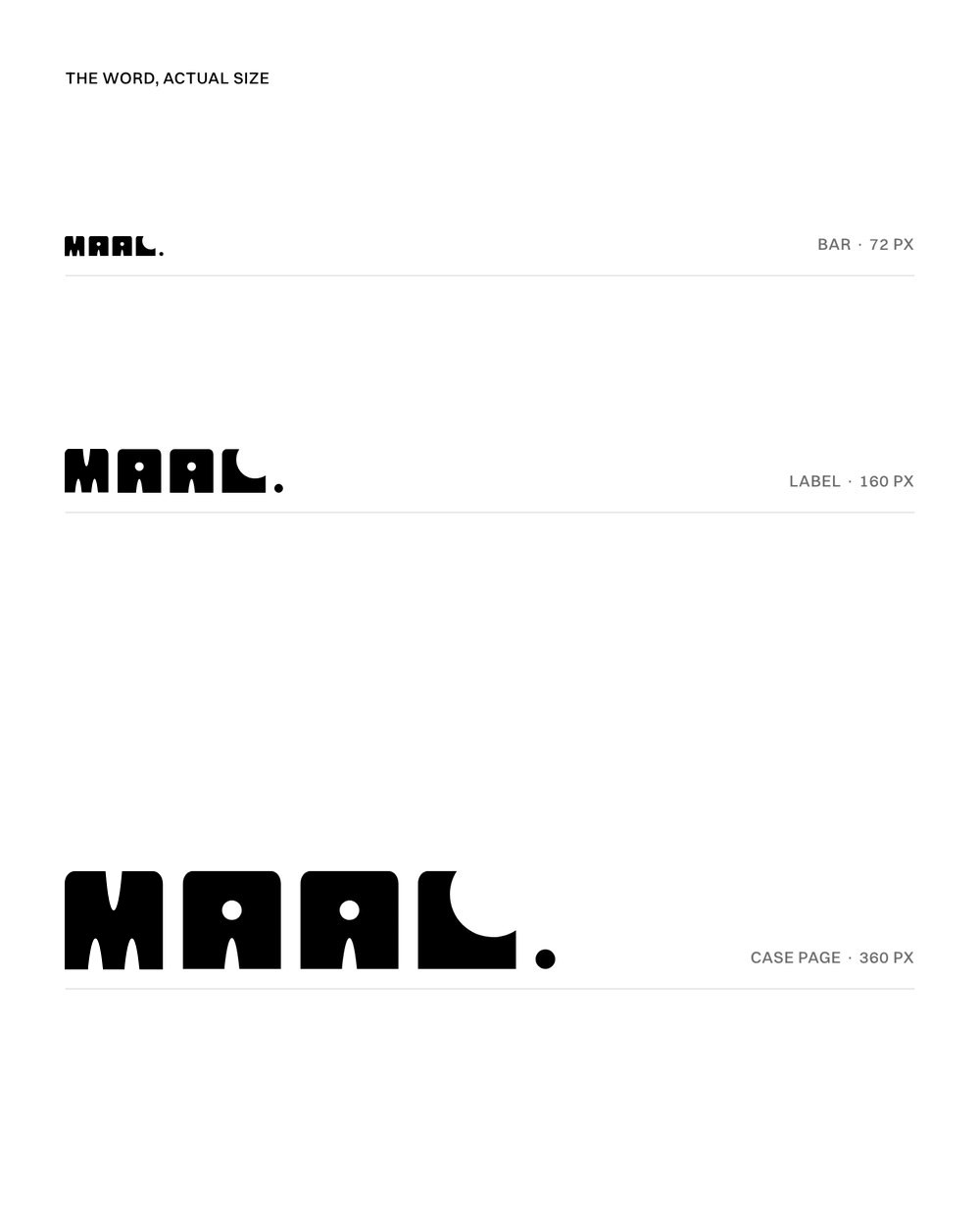 The block word at three sizes: 72, 160 and 360 pixels wide, each on its own rule.